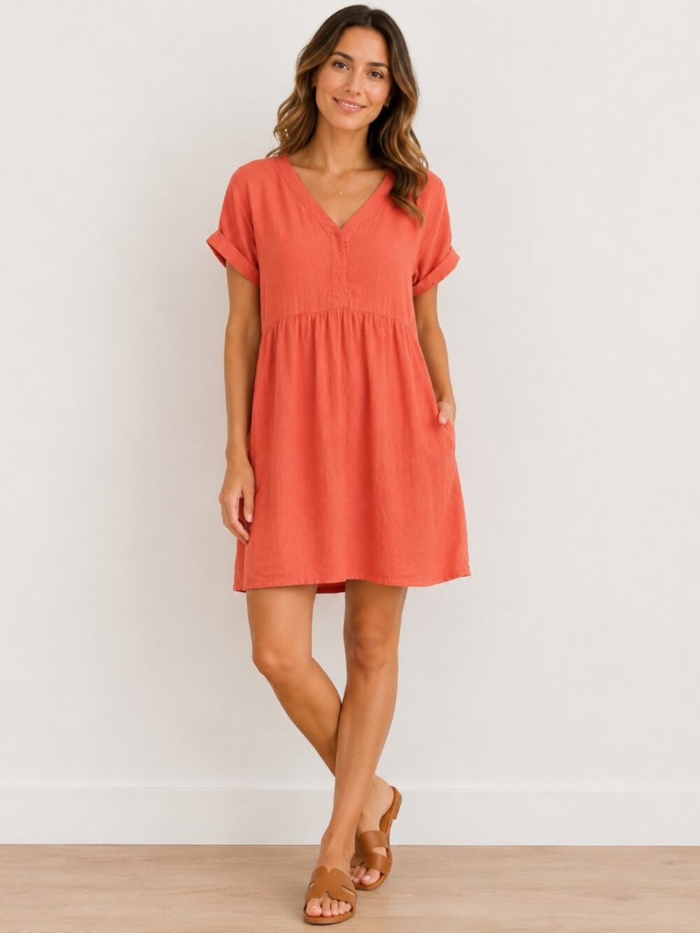 Briggs NY Linen Coral VNeck Babydoll Midi Dress Casual Coastal Boho Resort Small